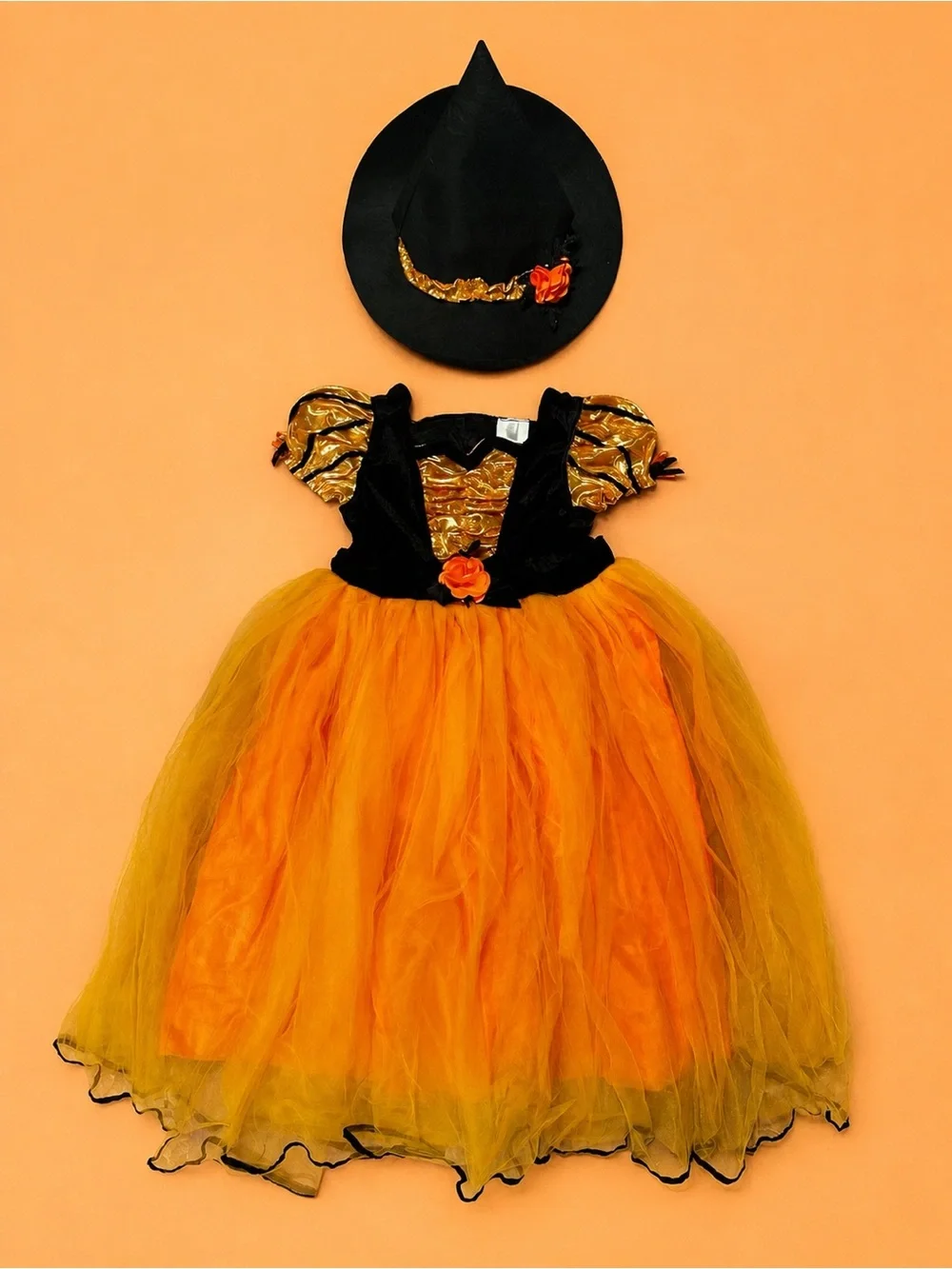 Target Girls Witch Halloween Costume Dress & Hat Orange Gold Black Size 4-5T